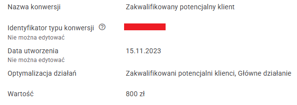 Konwersja z ustawioną wartością w panelu Google Ads