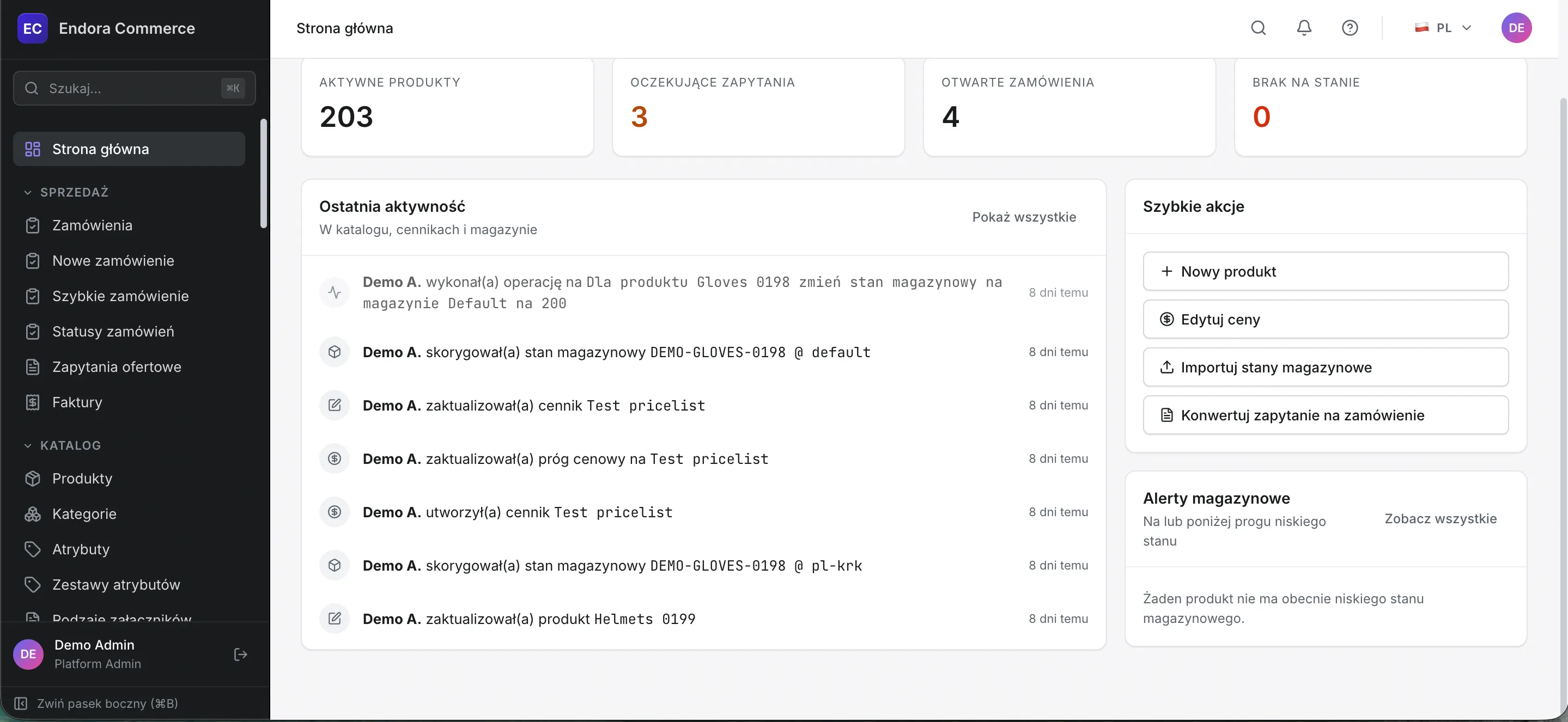 Dashboard Endora Commerce z kluczowymi wskaźnikami i aktywnością