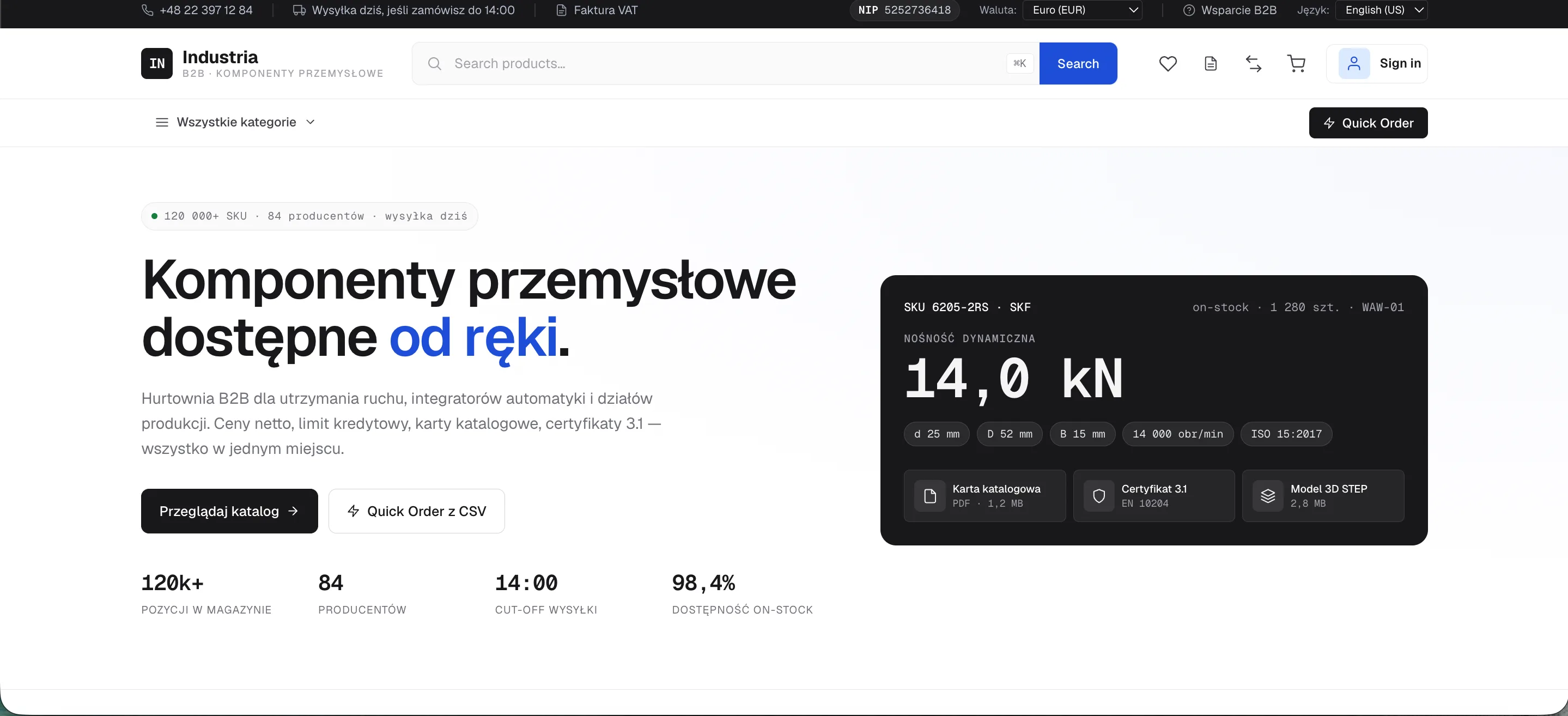 Industria storefront – strona główna B2B z kluczowymi wskaźnikami