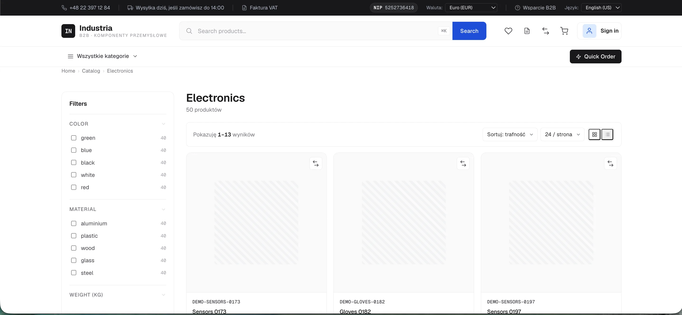 Listing produktów z filtrami i dostępnością on-stock