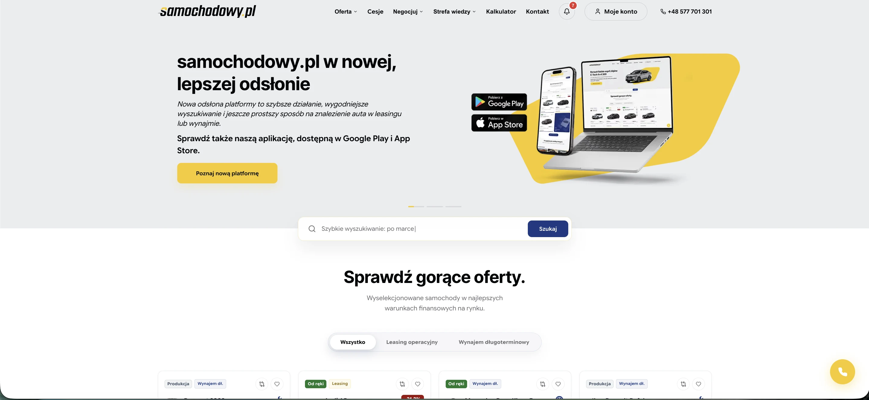 Ekran strony głównej nowej platformy samochodowy.pl: wyszukiwarka ofert leasingowych, wynajem długoterminowy i krótkoterminowy w jednym miejscu