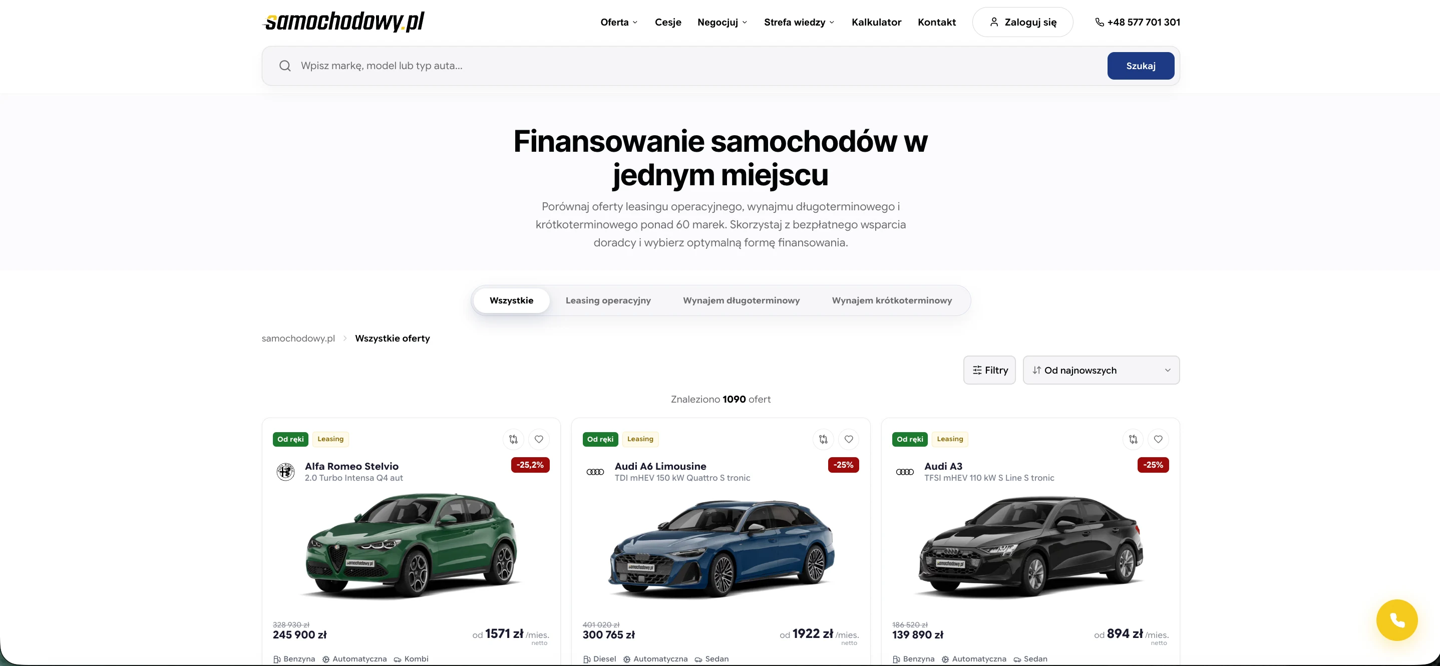 Listing ofert leasingowych samochodowy.pl: cena, miesięczna rata, rabat i dostępność pojazdu widoczne na karcie bez klikania w szczegóły