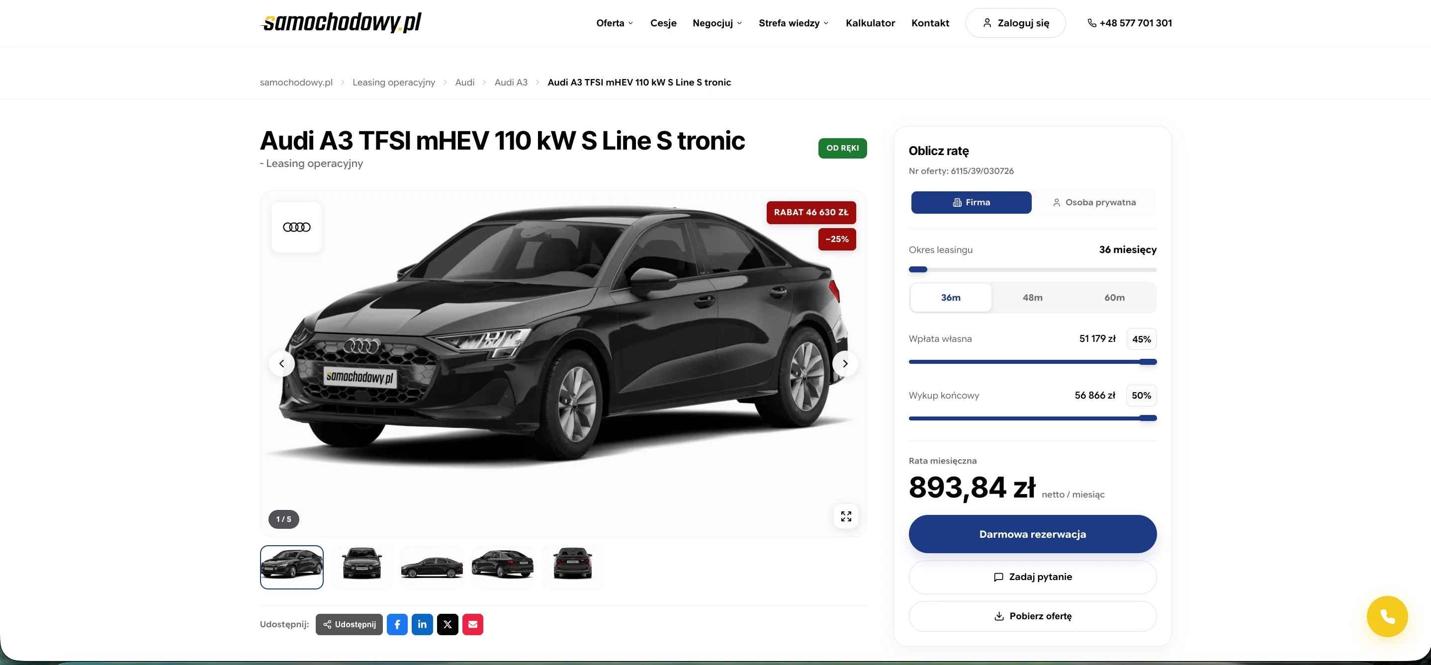 Karta oferty Audi A3 na samochodowy.pl: kalkulator miesięcznej raty leasingowej z dynamiczną zmianą okresu i wkładu własnego