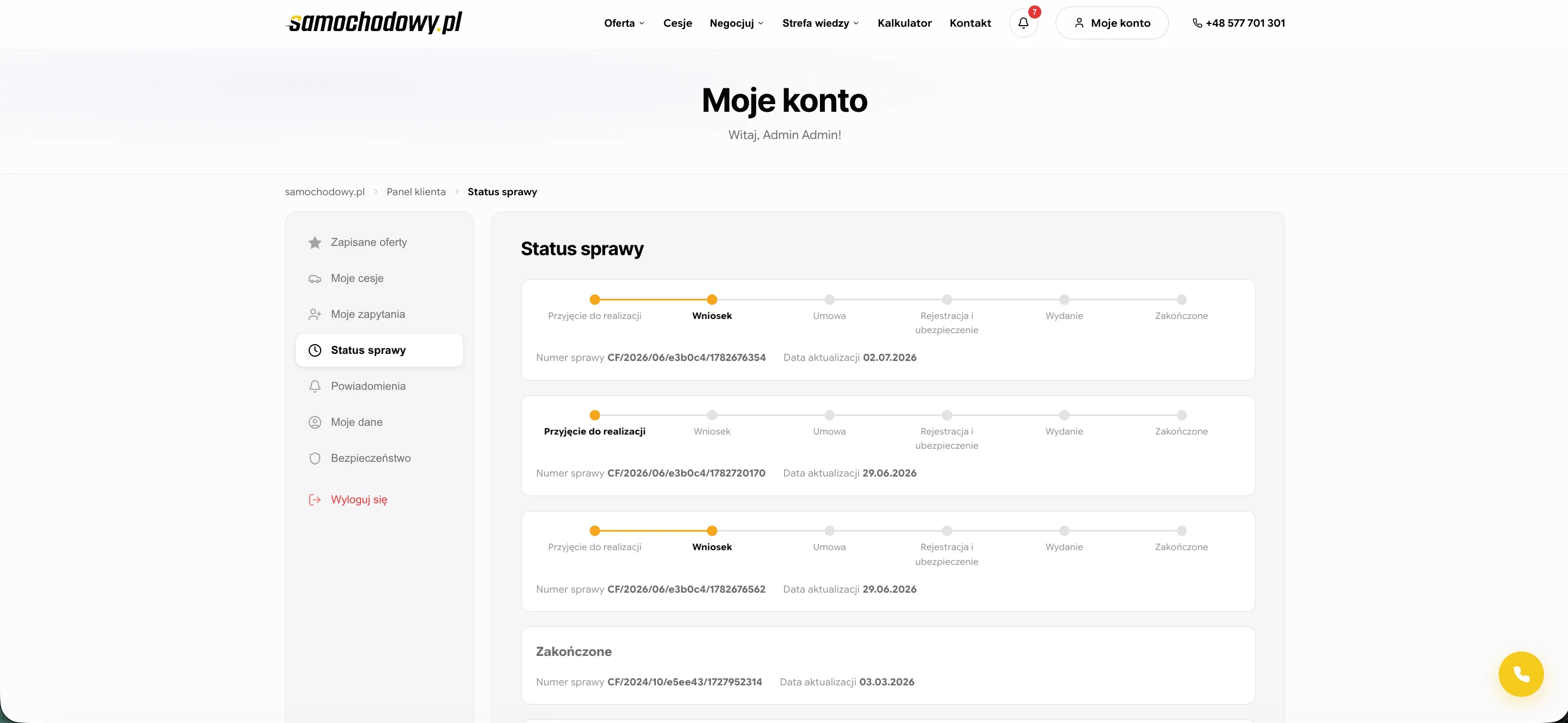 Panel klienta samochodowy.pl: historia spraw leasingowych, status wniosków i postęp procesu w jednym widoku