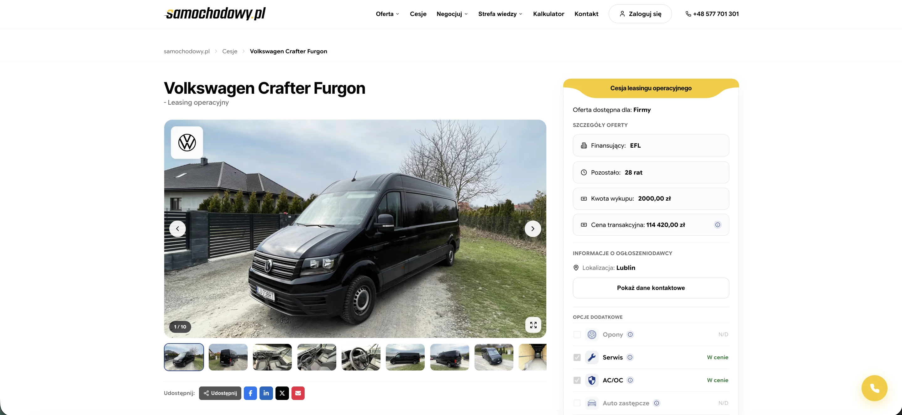 Oferta cesji leasingowej Volkswagen Crafter Furgon na samochodowy.pl: dane finansowania, kwota wykupu i formularz przejęcia umowy leasingowej